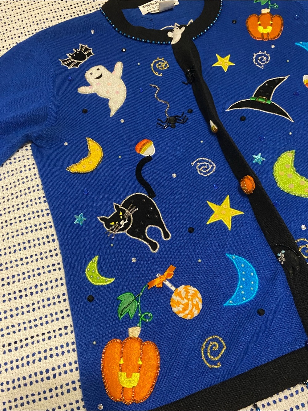 Jack B Quick Halloween Cardigan features Charms Beads patches Size Small - Picture 12 of 15